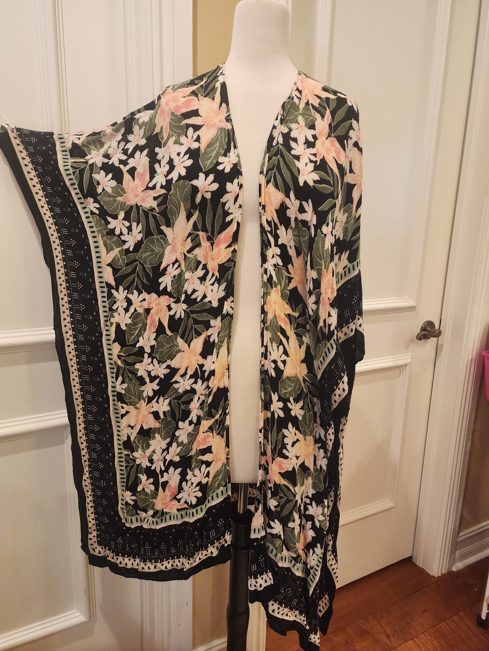 American Eagle Outfitters Black Floral Kimono with Pink & Green Accents